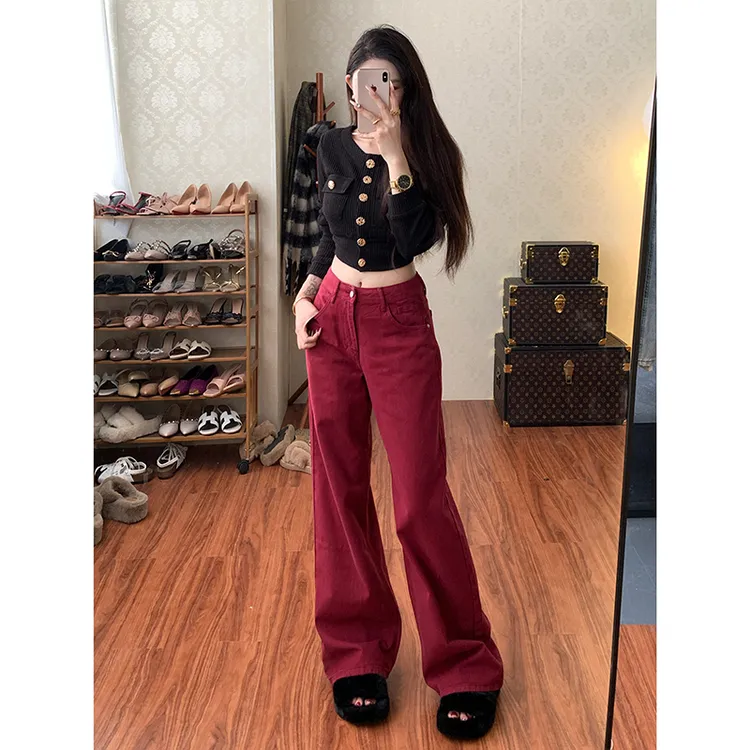 安可拉红阔腿牛仔裤女2025年冬季新款高腰宽松显高显瘦直筒长裤