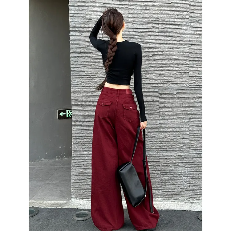 安可拉红大裤脚阔腿牛仔裤女2025秋季新款高腰显瘦百搭拖地长裤