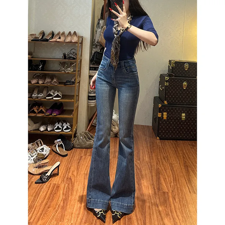 深色喇叭牛仔裤女2025秋季新款高腰紧身弹力百搭显瘦显高喇叭长裤