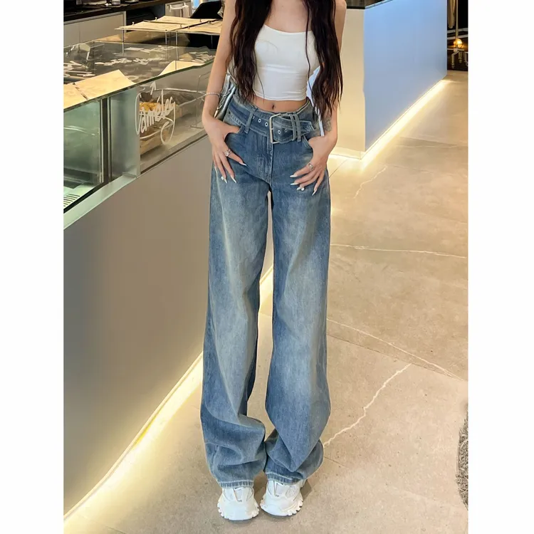 设计感宽腰带低腰阔腿牛仔裤女2025年秋季新款百搭显瘦阔腿长裤