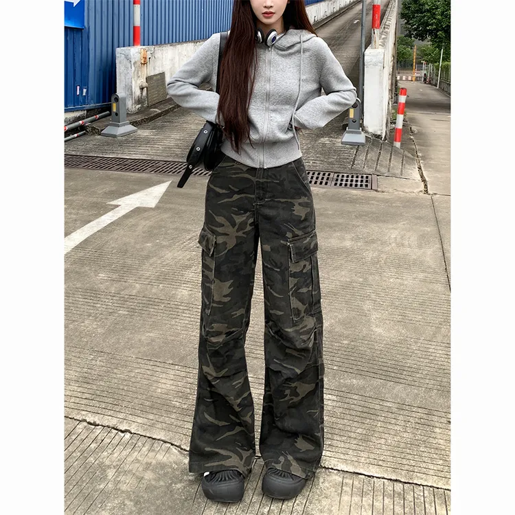 迷彩高街工装阔腿牛仔裤女2025年秋季新款美式百搭高腰显瘦拖地裤