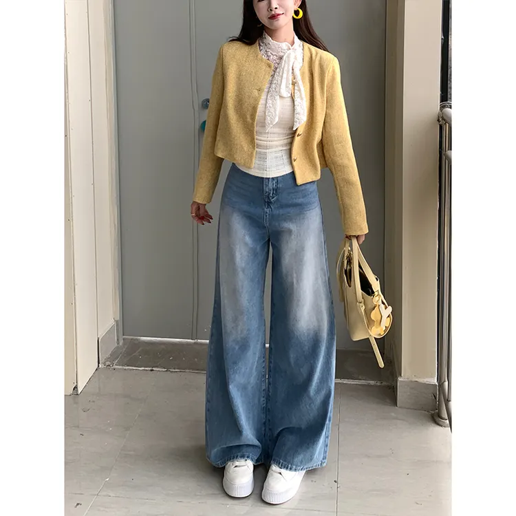 浅色高腰阔腿牛仔裤女2025秋季新款设计感磨白宽松显瘦拖地裤子