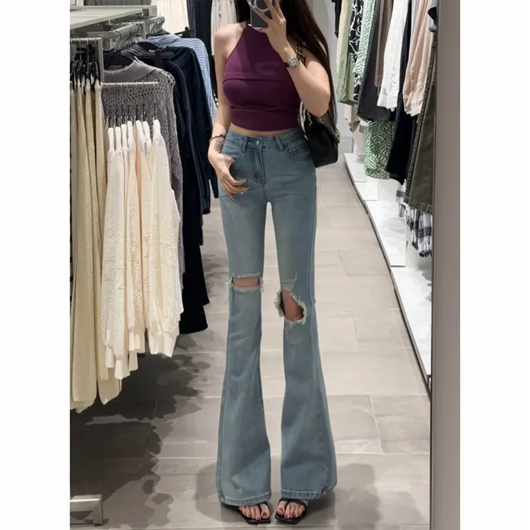 设计感破洞微喇牛仔裤女2025年秋季新款弹力修身显瘦高腰喇叭长裤