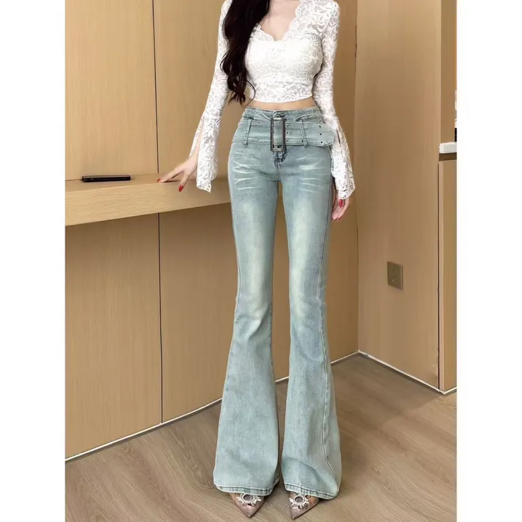 浅色水洗宽腰带微喇牛仔裤女2025年秋季新款显瘦显腿长弹力长裤