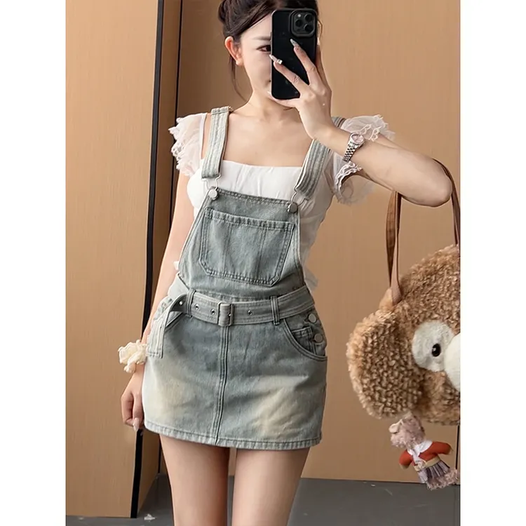 甜美洋气减龄牛仔背带裙女2025秋季新款高腰收腰显瘦包臀短裤裙