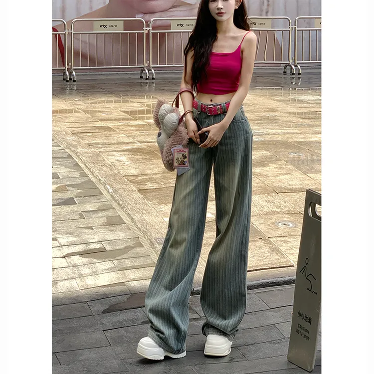 慵懒风条纹阔腿牛仔裤女2025秋季新款低腰宽松百搭垂感拖地长裤