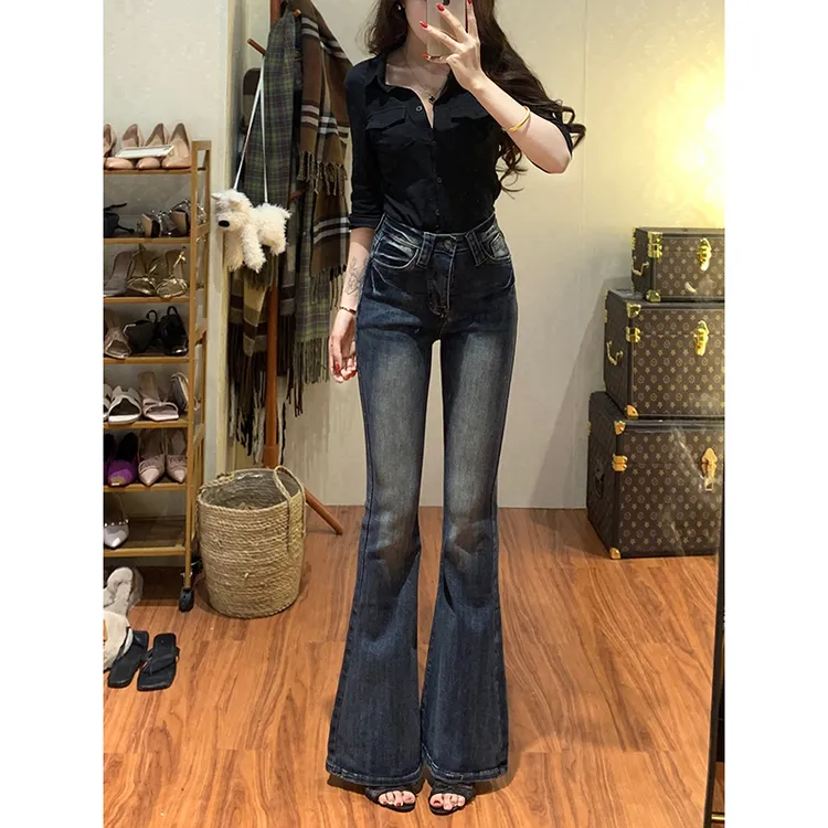 高腰设计感压褶修身微喇牛仔裤女2025秋季新款显瘦显腿长弹力长裤