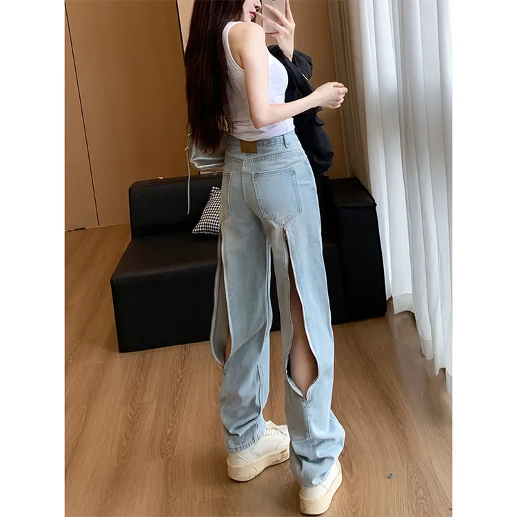 小众设计感后拉链直筒牛仔裤女2025秋季新款高腰百搭显瘦直筒长裤