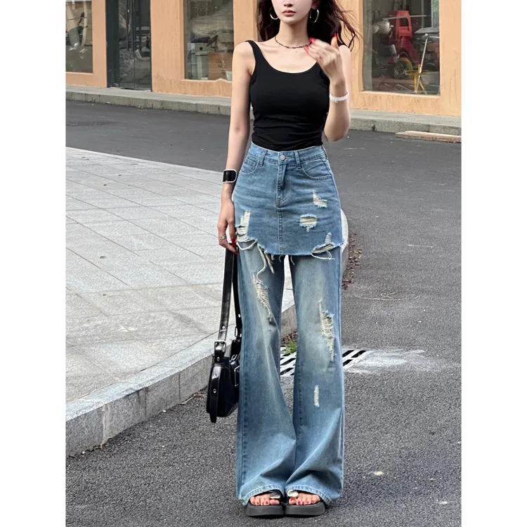 假两件裤裙不贴腿微喇叭牛仔裤女2025秋季新款破洞高腰显瘦长裤