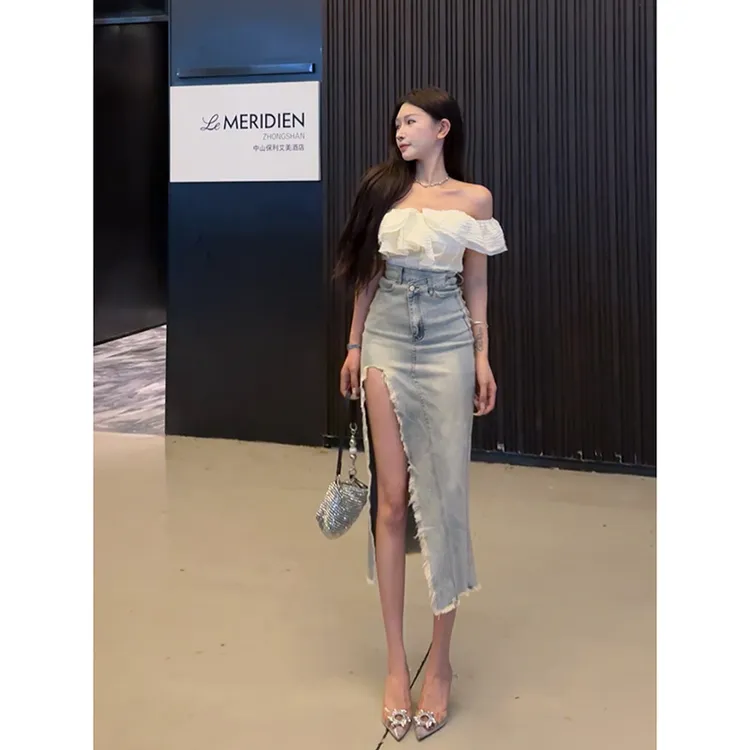 毛边开叉不规则牛仔半身裙女2025年秋季新款高腰显瘦包臀长裙