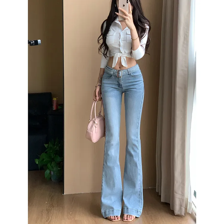 设计感腰带低腰微喇牛仔裤女2025冬季新款弹力修身显瘦喇叭长裤