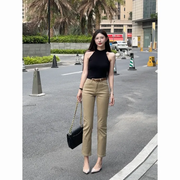 经典卡其色老钱风九分直筒牛仔裤女25秋季新款高腰弹力显瘦九分裤
