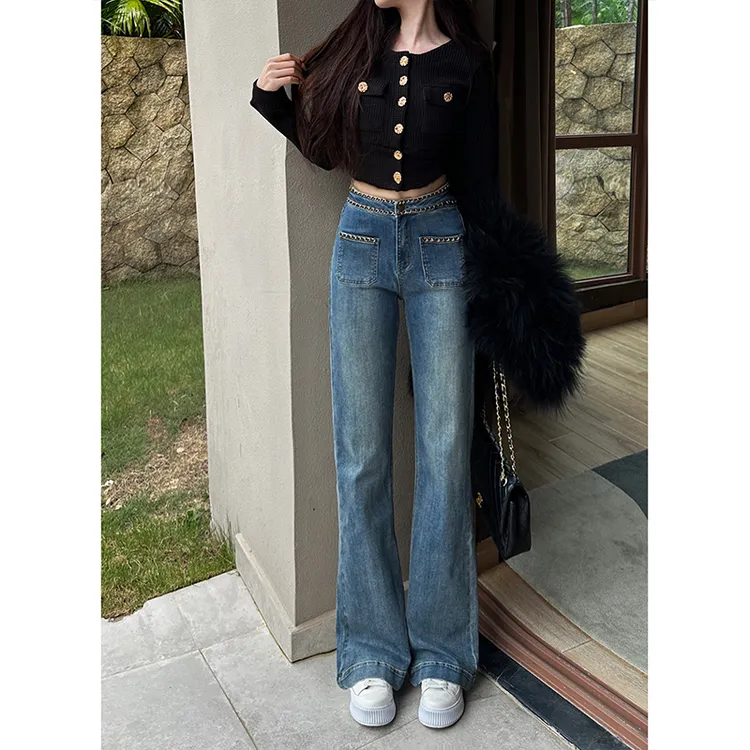 小香链条高腰窄版直筒牛仔裤女2025秋季新款显瘦显高弹力直筒长裤
