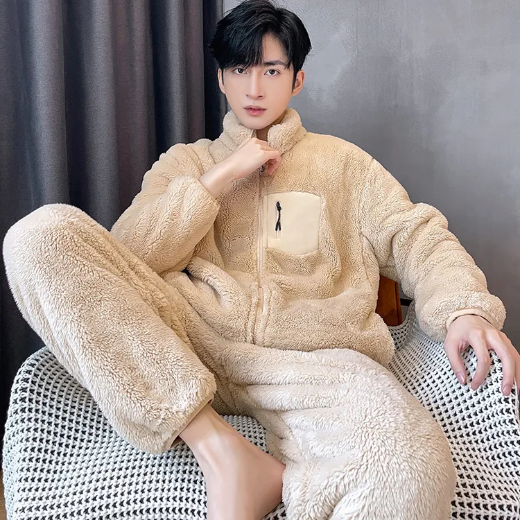 秋冬款珊瑚绒睡衣男加厚加绒拉链保暖大码法兰绒可外穿家居服套装
