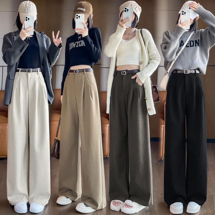 双11秋冬抗皱毛呢阔腿裤高腰窄版直筒垂感拖地裤加厚加绒西装裤女