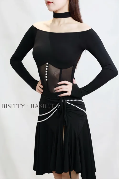 【BISITTY舞服】T37+T38新款珍珠链条套装一字肩网纱抽绳（含脖圈）