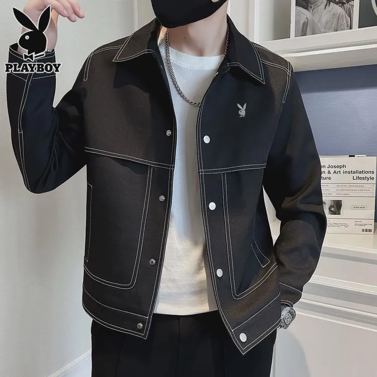 花花公子黑色休闲夹克男士秋季工装上衣服2024新款潮牌翻领外套男