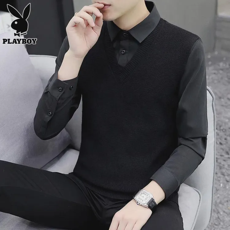 花花公子假两件毛衣男士2024年冬季加绒保暖上衣黑色打底针织衫男