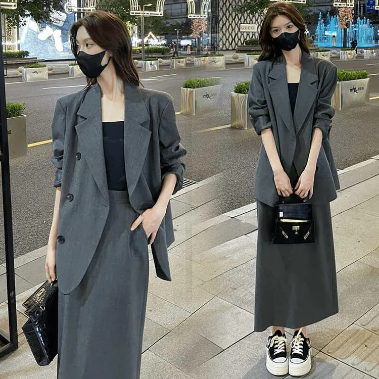 时尚西服套装裙女2024秋季新款气质宽松显瘦西装外套半身裙两件套