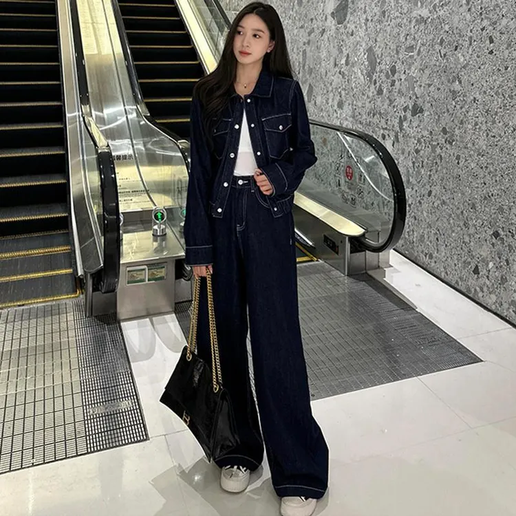 复古牛仔套装女2024春秋新款时尚短款外套阔腿裤休闲减龄两件套潮