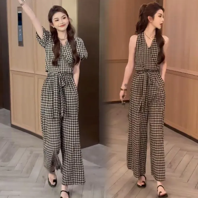 时尚套装女夏季新款洋气显瘦复古系带格子上衣阔腿裤休闲两件套潮