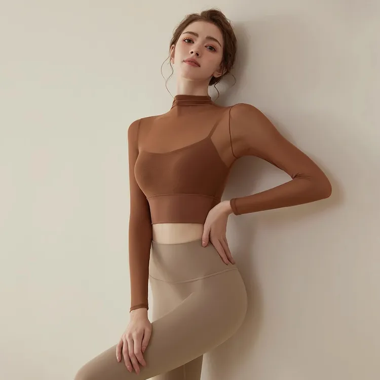 瑜伽服女夏高级感网纱带胸垫上衣健身运动长袖普拉提训练套装