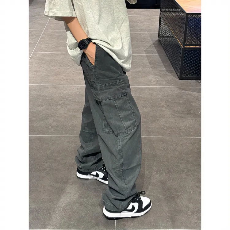 2025冬季新款大口袋工装美式潮流牛仔裤男士复古宽松高街休闲长裤