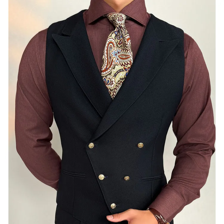 高级男士修身百搭时尚双排马甲英伦枪驳领西服背心坎肩英式潮