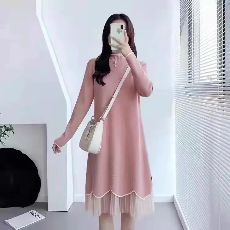 假两件蕾丝拼接宽松显瘦百搭针织中长款连衣裙