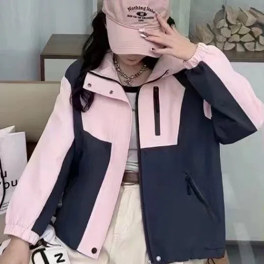 欧货拼色连帽冲锋衣外套女2024秋冬夹棉加厚设计感宽松夹克上衣潮
