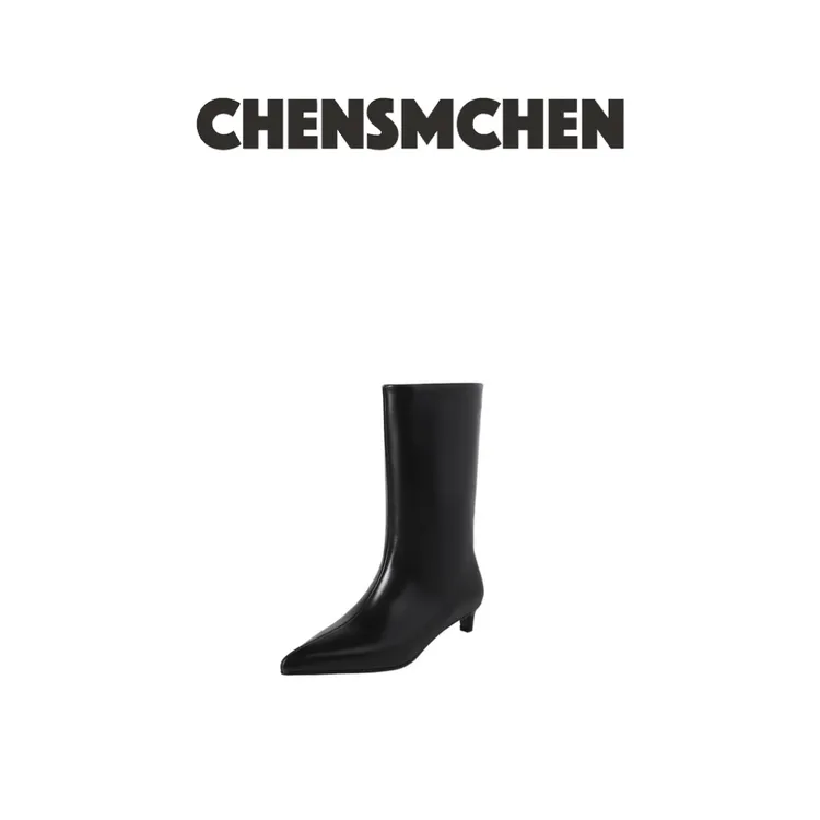 CHENSMCHEN 极简轻奢尖头小猫跟中筒靴6777