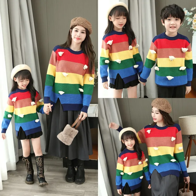 彩虹条纹亲子装毛衣一家三口四口秋冬季母女装母子洋气时尚家庭装