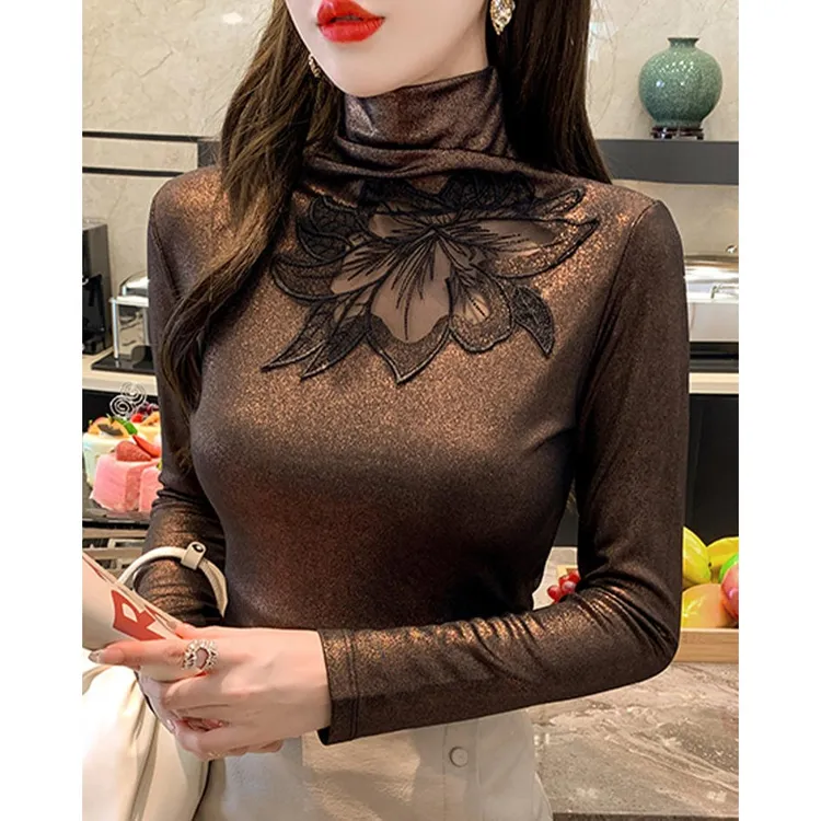 高领蕾丝打底衫女2025春秋新款洋气时髦内搭T恤时尚网纱显瘦上衣