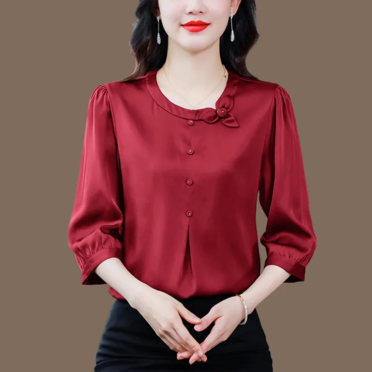 法式2025春夏装新款妈妈装缎面七分袖衬衫女士高级感显瘦红色上衣