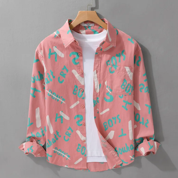 春夏男装设计感简约印花长袖衬衫纯棉潮流宽松休闲百搭男士衬衣潮