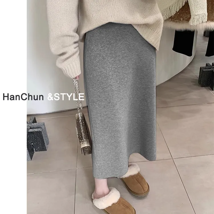 灰色针织半身裙女秋冬中长款显瘦小个子包臀直筒冬裙a字一步长裙