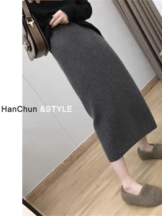 松紧腰灰色针织半身裙女秋冬小个子中长款直筒后开叉一步包臀长裙