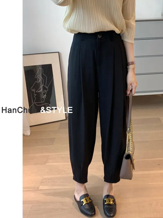 冰丝西装裤女夏季薄款高腰宽松显瘦垂感小个子束脚九分哈伦萝卜裤