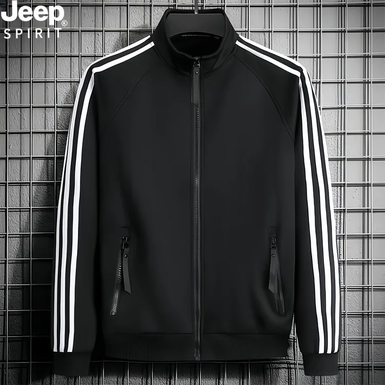 Jeep吉普春秋季新款翻领男士外套韩版三条杠运动休闲条纹夹克潮牌