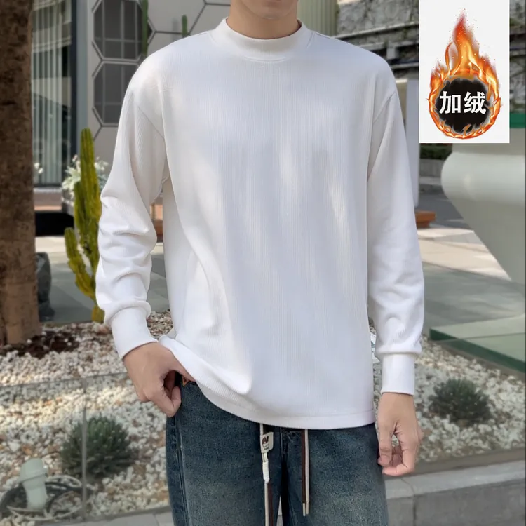380克双面加绒保暖加厚半高领亲肤打底衫男冬季男士长袖宽松白色