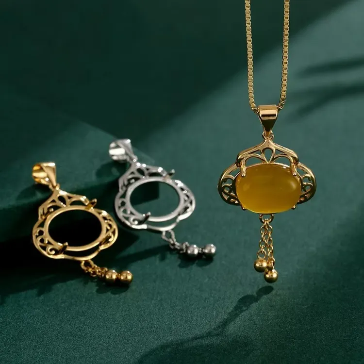 黄铜吊坠 气质百搭吊坠空托 手工镶嵌椭圆形玉石托吊坠项链空托