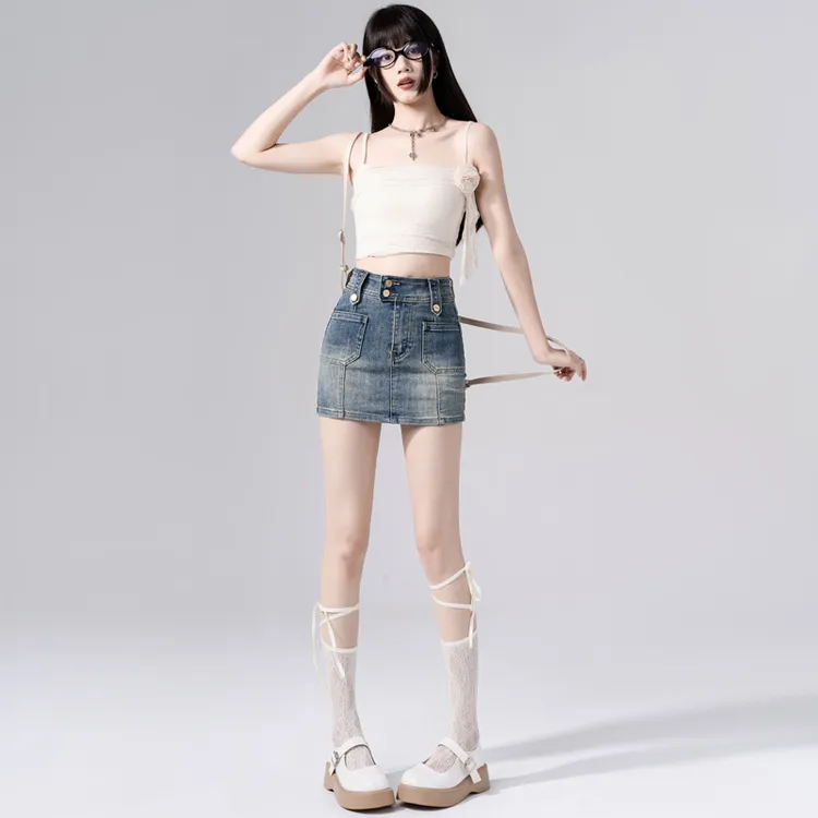 a字裙包臀怀旧高腰显瘦显腿长设计感弹力牛仔裙