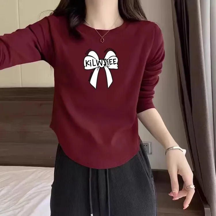 纯棉正肩长袖T恤女2024春秋季新款韩版洋气圆领不规则别致上衣潮