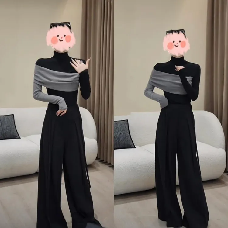 秋冬新款拼接撞色设计感时尚百搭小众长袖T恤上衣女配高腰直筒裤