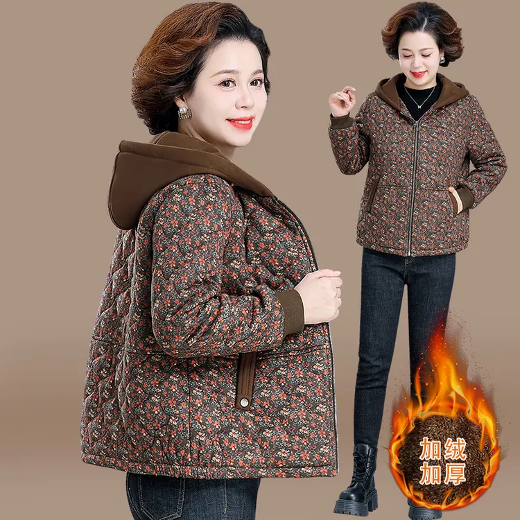 罗蒙小个子妈妈冬装棉服加绒加厚外套洋气花棉袄中老年人老奶奶