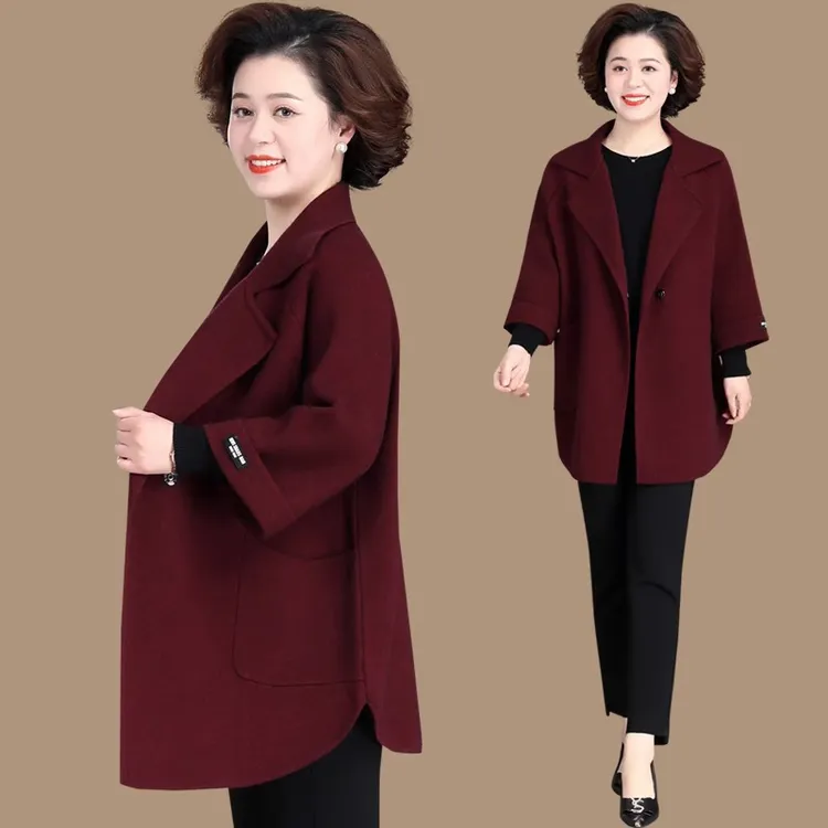 罗蒙妈妈春秋呢子外套女2025风衣气质高贵中老年针织双面呢大衣服