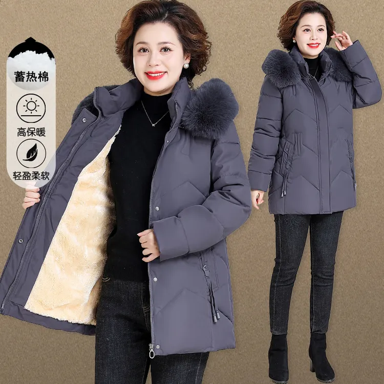 罗蒙妈妈冬装保暖棉服中长款中老年冬季外套加绒加厚中年女士棉袄