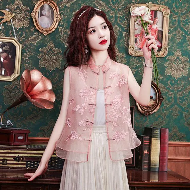轻国风粉色新中式刺绣背心马甲夏季新款时尚百搭微透叠穿马夹上衣