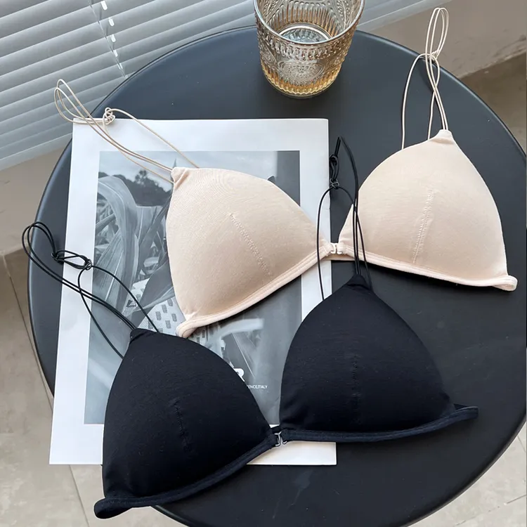 法式性感无钢圈内衣少女小胸奶罩三角杯薄款美背细肩带前扣文胸