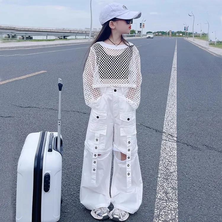女童法式甜美垂感长袖针织衫2025新款潮酷阔腿工装裤嘻哈街舞套装